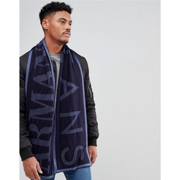 Armani Jeans Scarf Logo Blue Navy Men's Made in Italy NWT - Picture 1 of 8